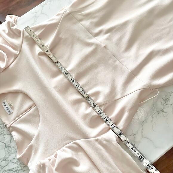 Calvin Klein Pale Peach Crepe Balloon Sleeve Belted Sheath women’s size 12 NEW - Picture 11 of 15
